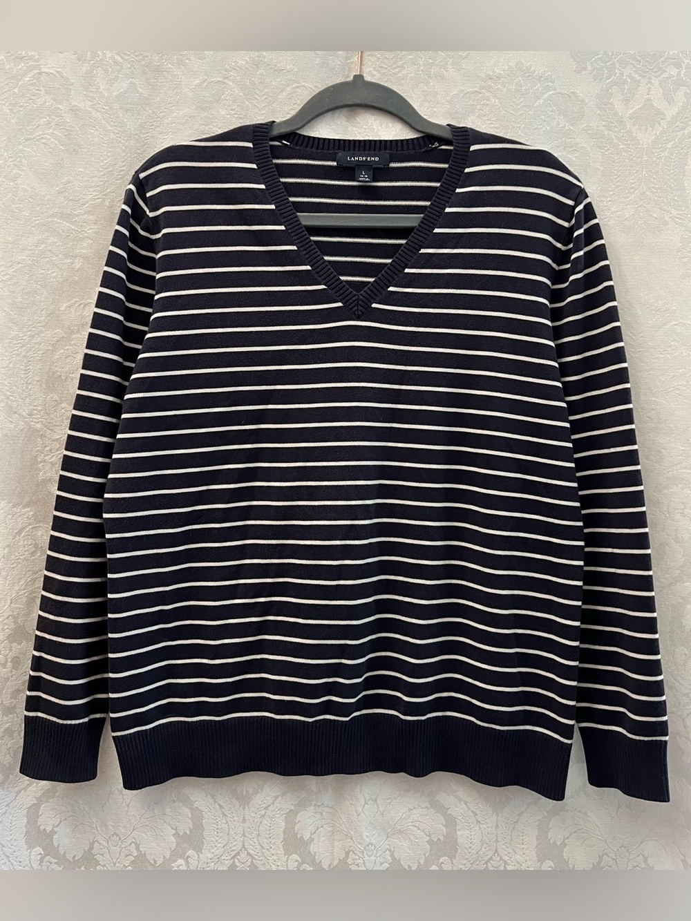 Lands' End Navy & White Striped V-Neck Pullover Sweater Size Large (14-16) GUC